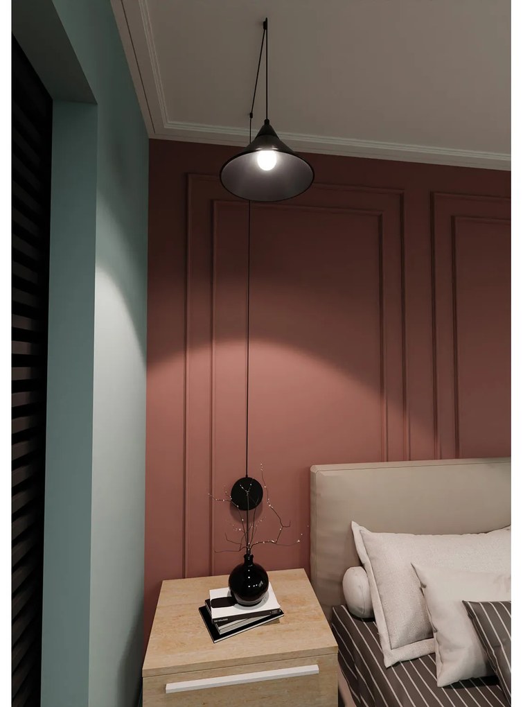 Sospensione Minimal 1 Luce Fujin In Acciao Nero E Paralume A Cono
