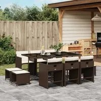 Set da Pranzo da Giardino 11 pz con Cuscini Polyrattan Marrone 3277916