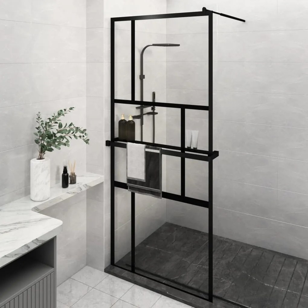Parete Doccia Con Mensola Nera 100x195 Cm Vetro Esg E Alluminio /