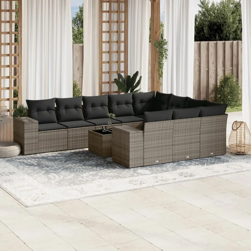 Set divani da giardino 11 pz con cuscini in polyrattan grigio