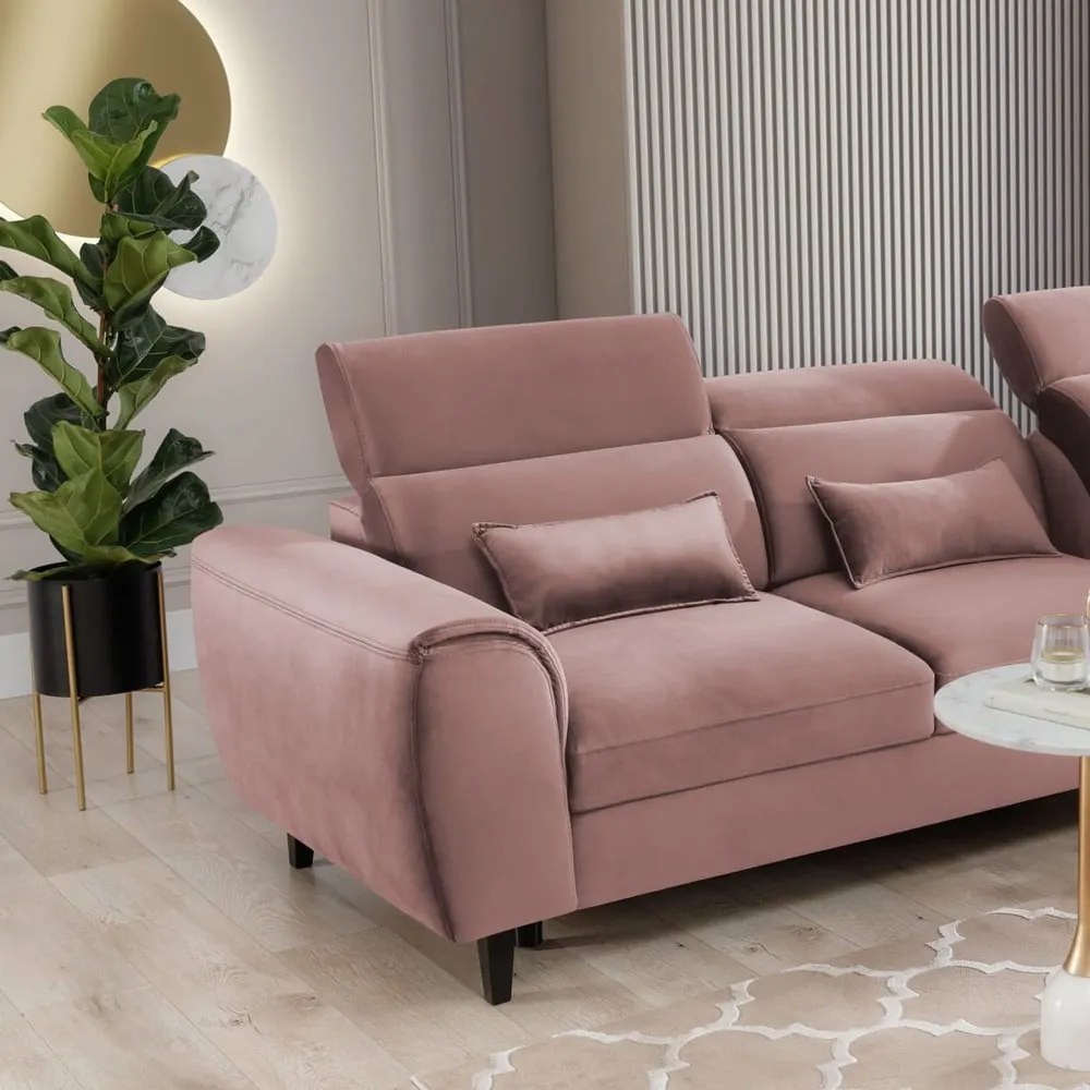 Divano angolare rosa allungabile/con contenitore (con penisola a destra/con chaise lounge) e rivestimento in velluto Foble – ELTAP