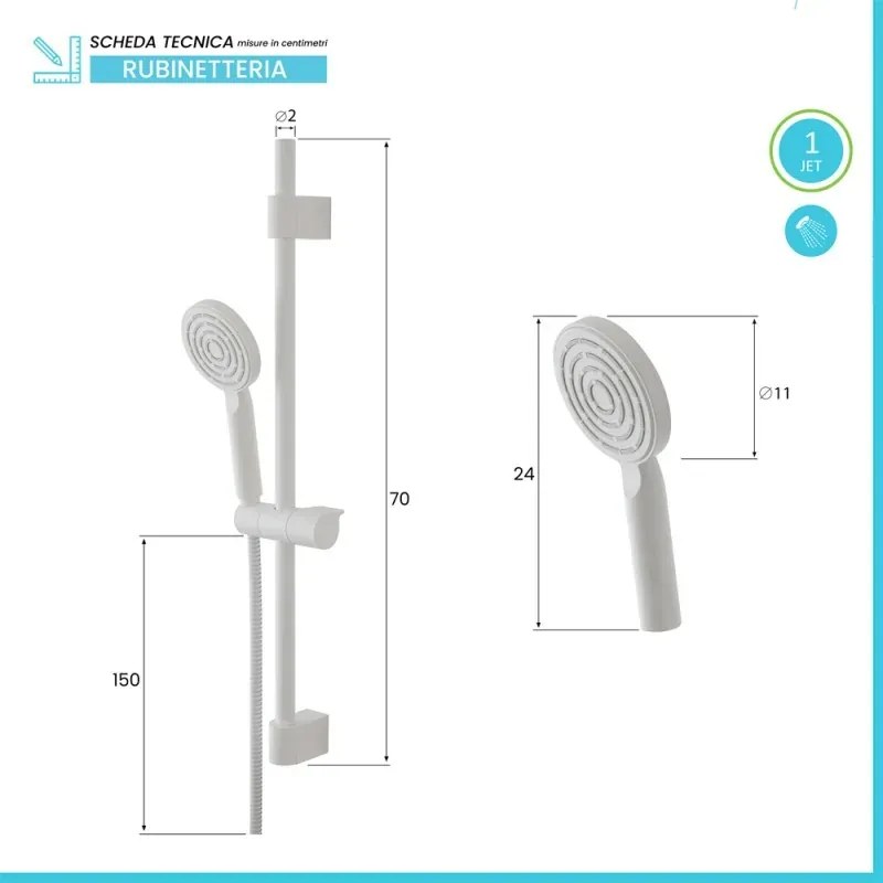 Saliscendi doccia 70 cm regolabile con doccetta tonda in ABS bianco opaco Hidra