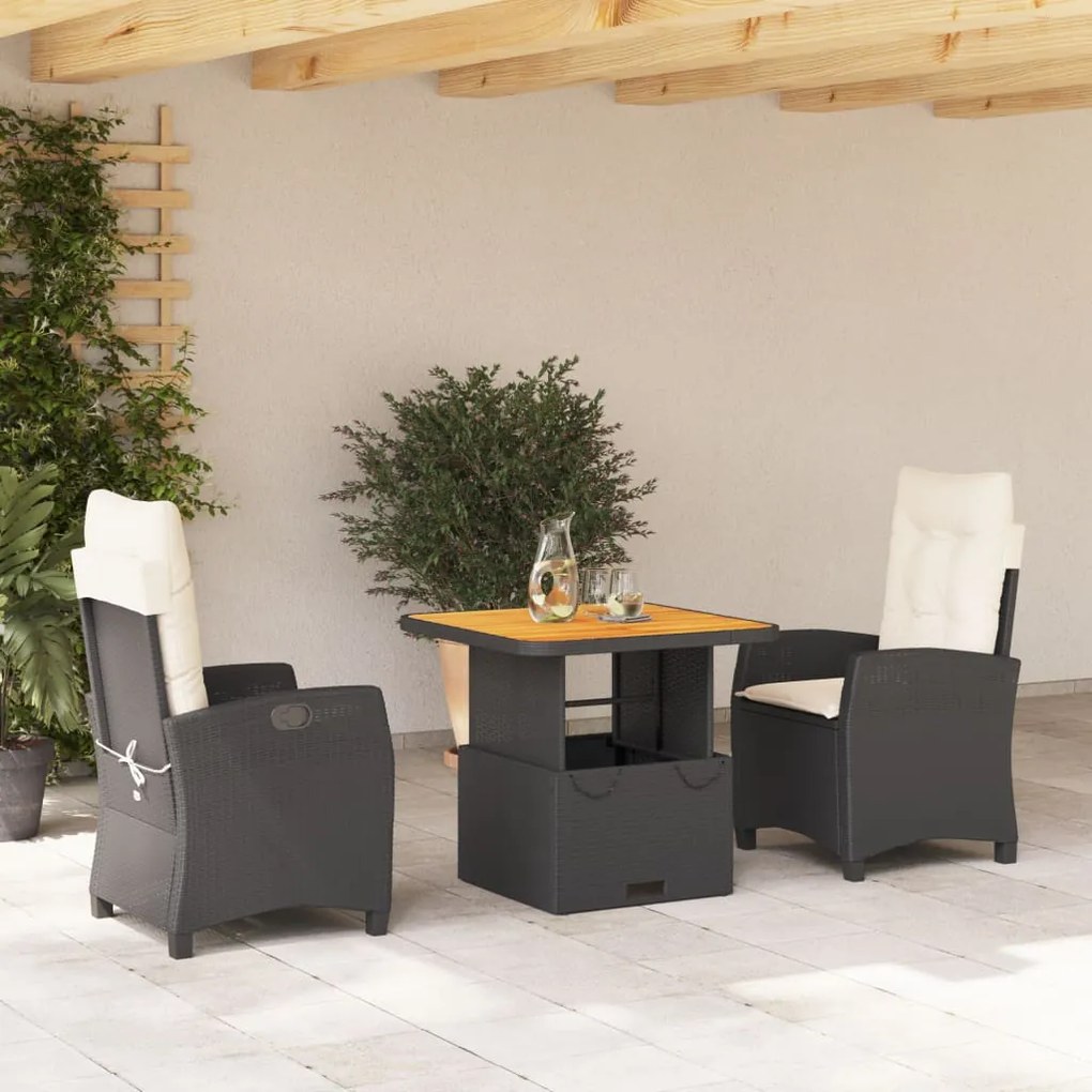 Set Da Pranzo Da Giardino 3 Pz Con Cuscini Nero İn Polyrattan /