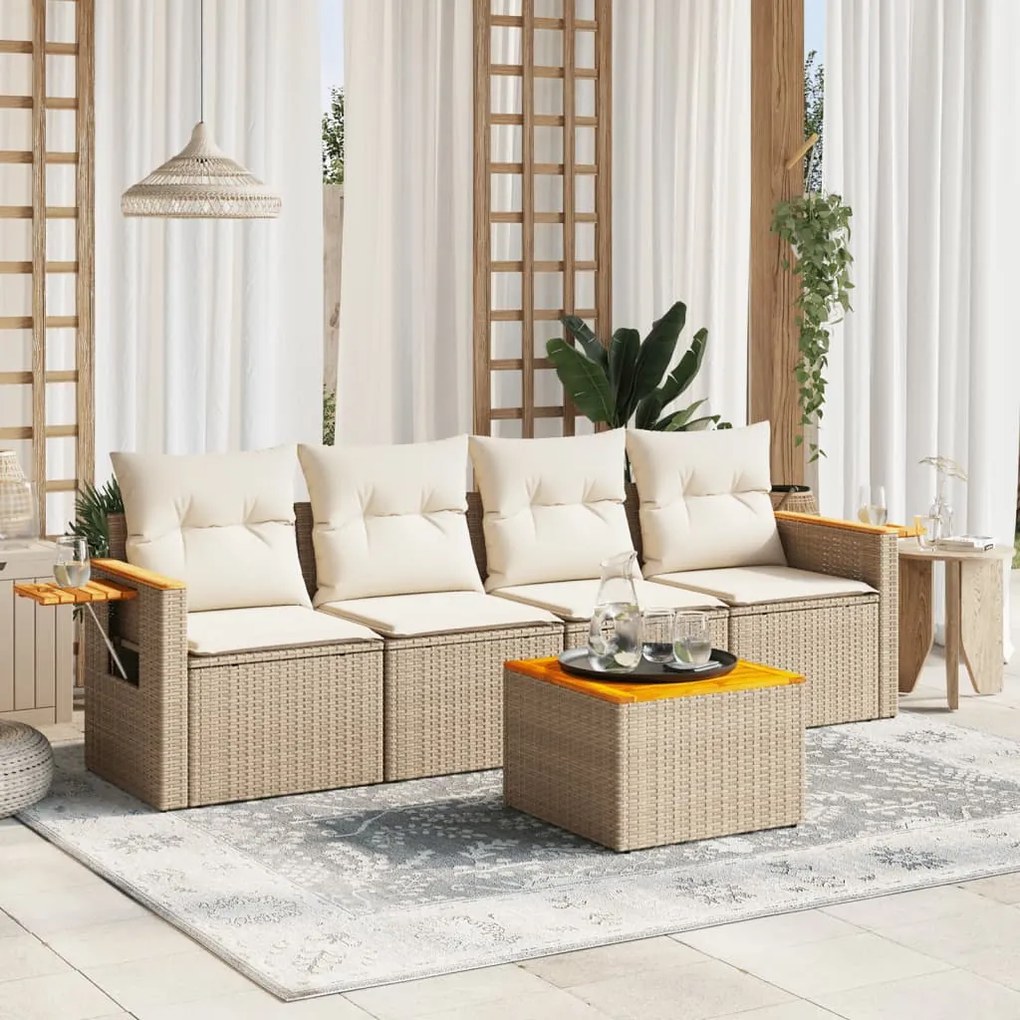 Set divano da giardino 5 pz con cuscini beige in polyrattan