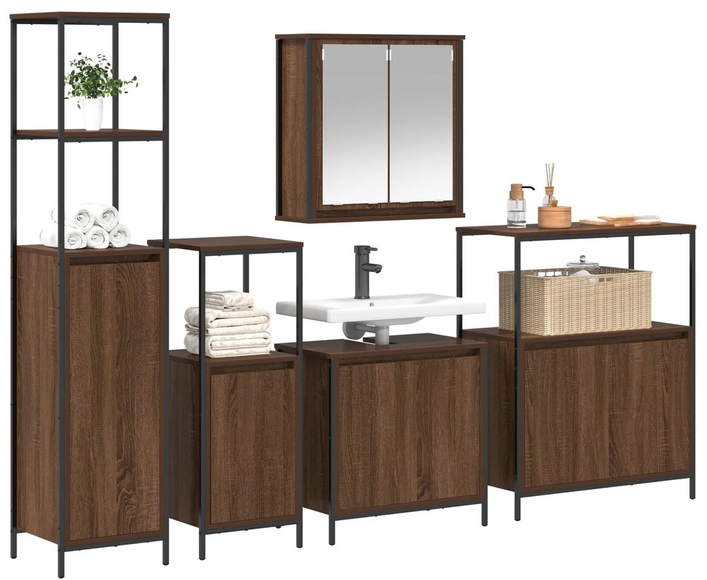 Set di mobili da bagno a 5 pezzi rovere marrone legno ingegnerizzato