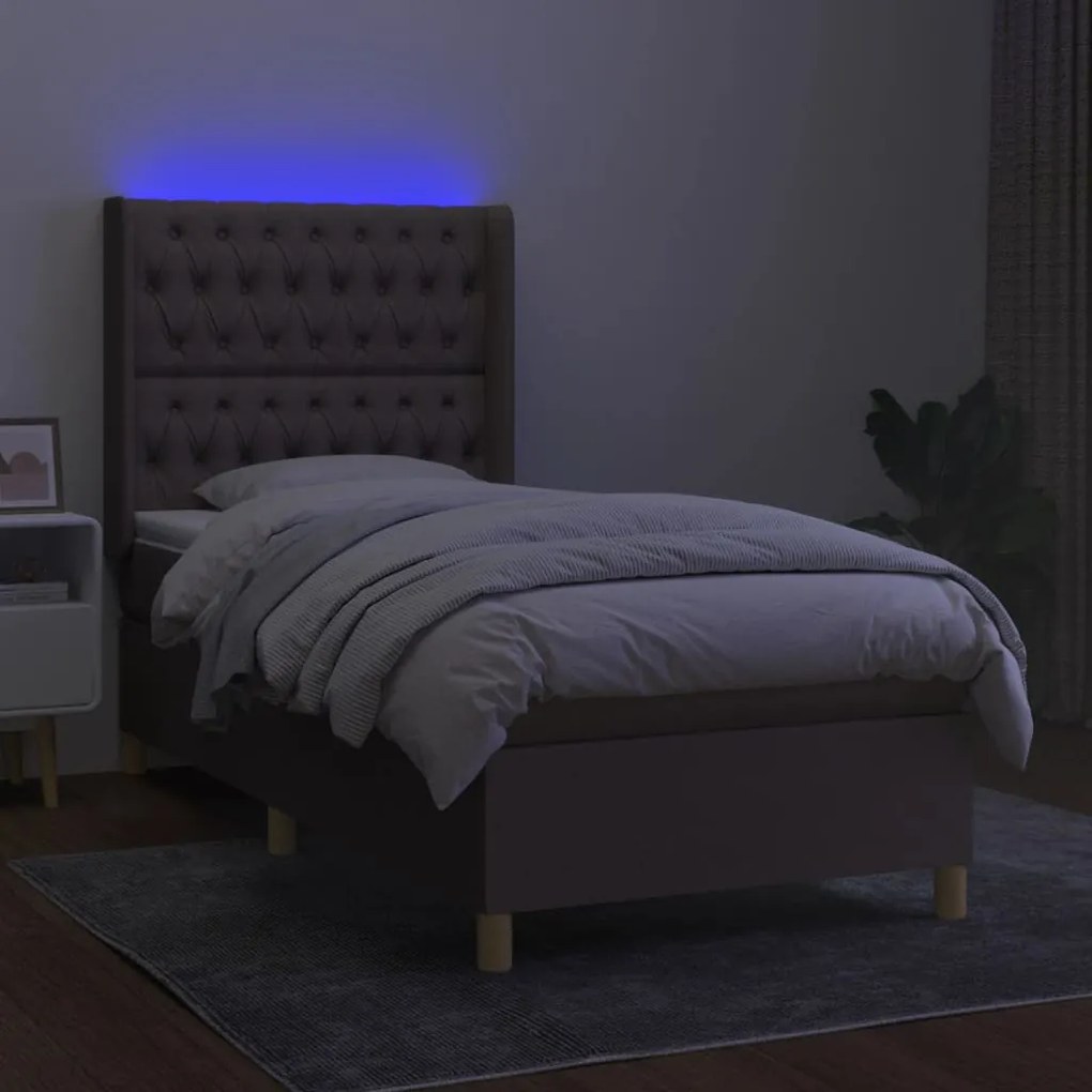 Letto a molle con materasso e led tortora 90x200 cm in tessuto