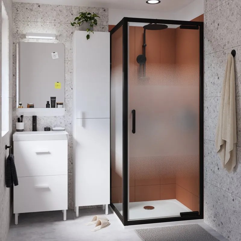 Box doccia quadrato battente Easy 80 x 80 cm, H 190 cm in vetro, spessore 3 mm serigrafato nero