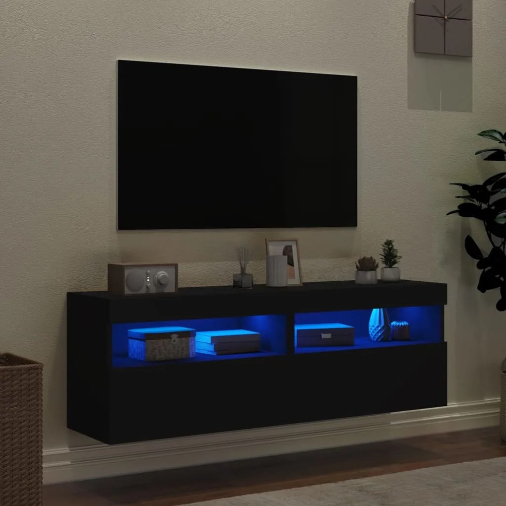 Mobili tv a parete con luci led 2pz neri 60x30x40 cm