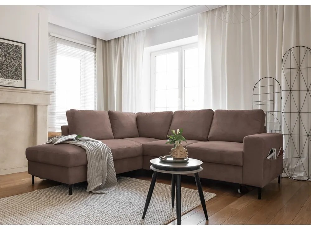 Divano letto in velluto a coste marrone (angolo sinistro) Lofty Lilly - Miuform