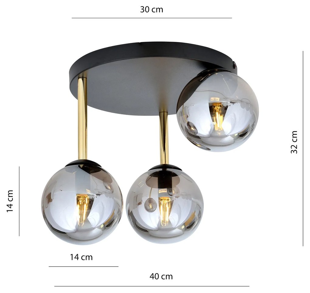 Plafoniera Contemporanea 3 Luci Dolce In Acciaio Nero Oro E Sfere Vetro Fumè