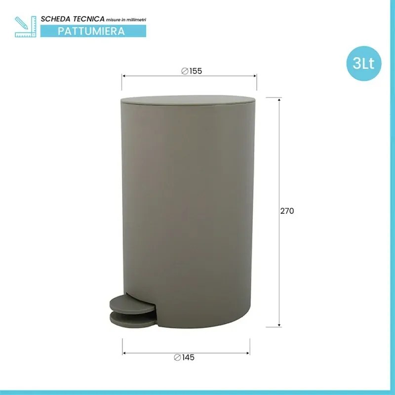 Pattumiera bagno 3 Lt tortora con apertura a pedale Orbix