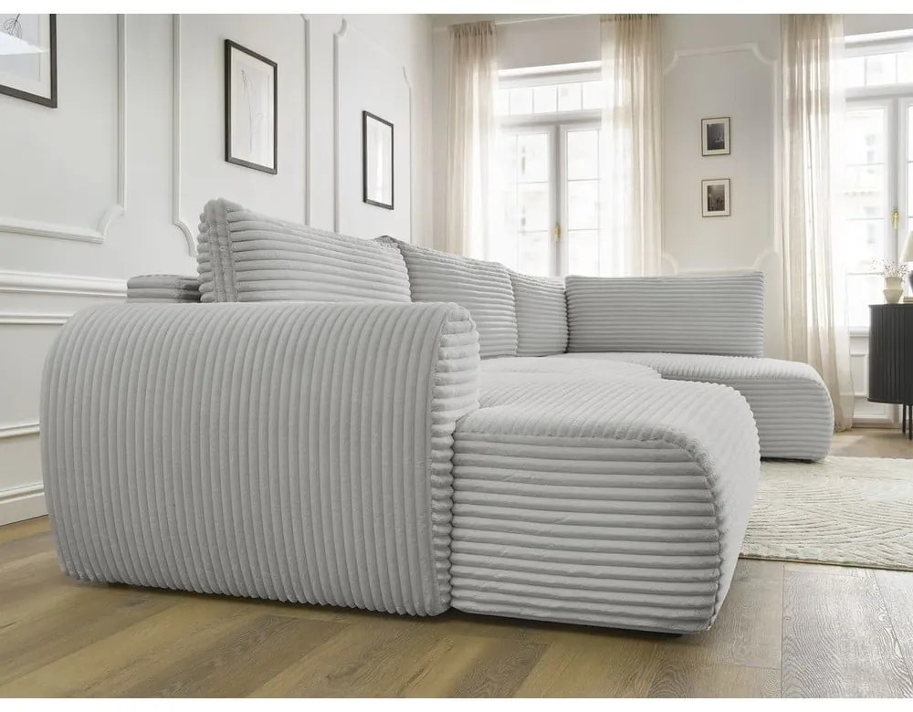 Divano angolare in grigio chiaro allungabile (con penisola a sinistra/a forma di "U") con rivestimento in velluto a coste Lucien – Bobochic Paris