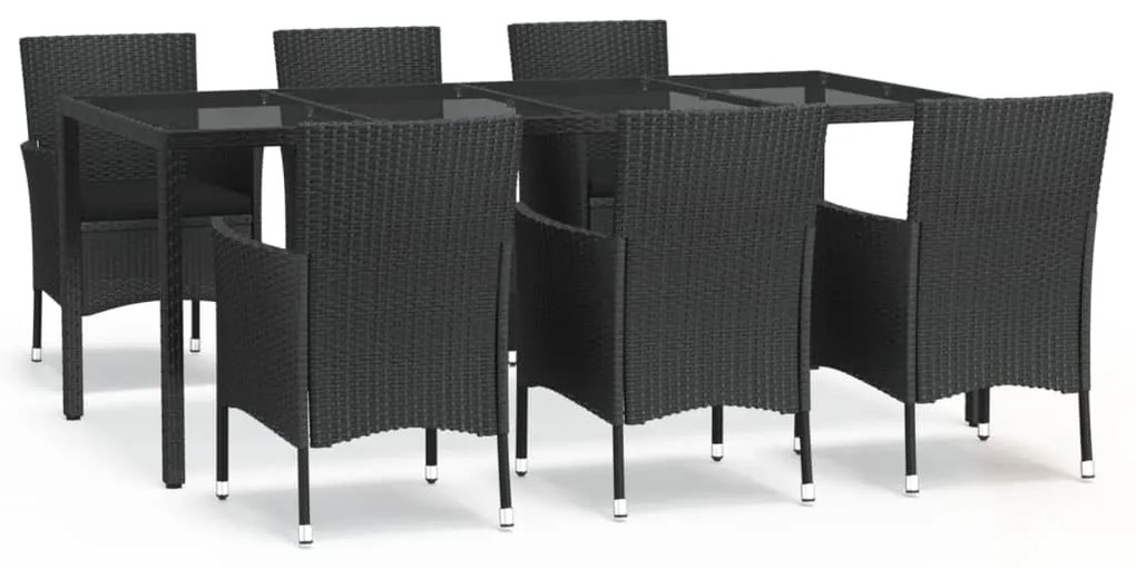 Set da pranzo da giardino 7 pz nero con cuscini in polyrattan