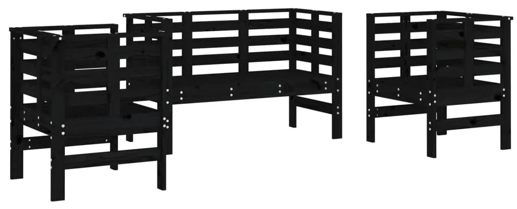 Set salotto da giardino 3 pz nero in legno massello di pino