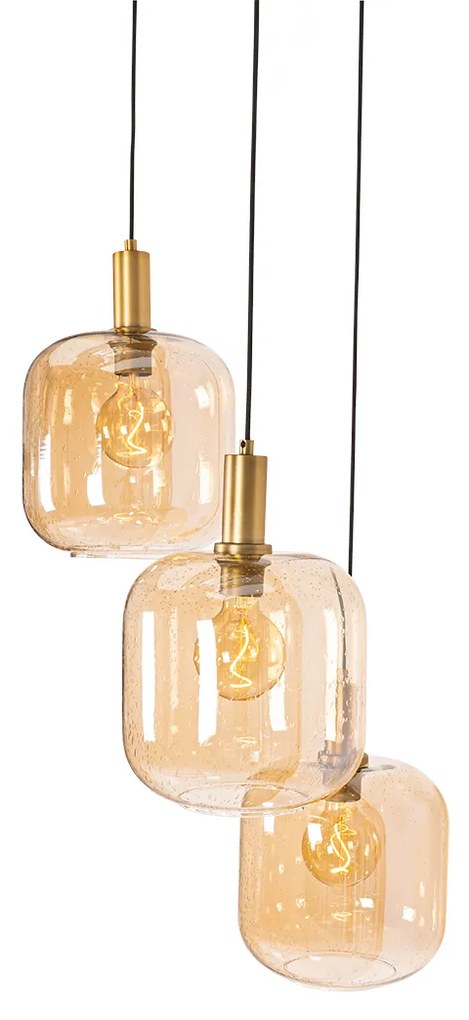 Lampada a sospensione di design nera con ottone e vetro ambrato 3 luci - Zuzanna