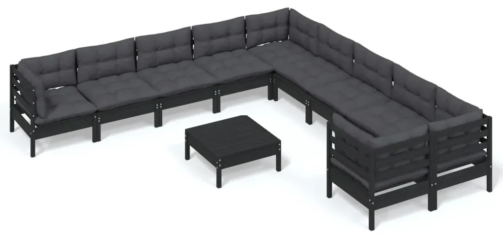 Set divani da giardino 11 pz con cuscini neri massello di pino