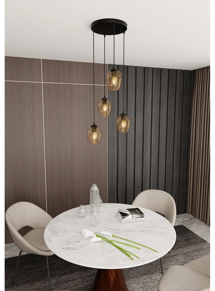 Lampadario 4 Luci Fuxi Base Tonda In Acciaio Nero E Vetri Ambra