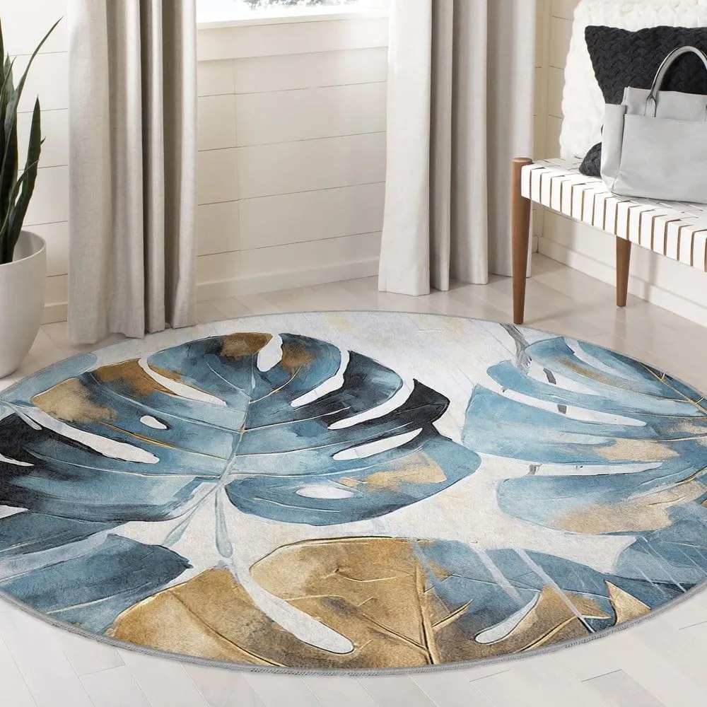 Tappeto rotondo blu lavabile ø 100 cm Golden Leaves – Mila Home
