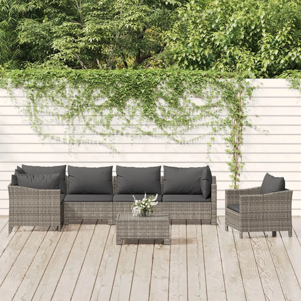 Set Divani da Giardino 7 pz con Cuscini in Polyrattan Grigio