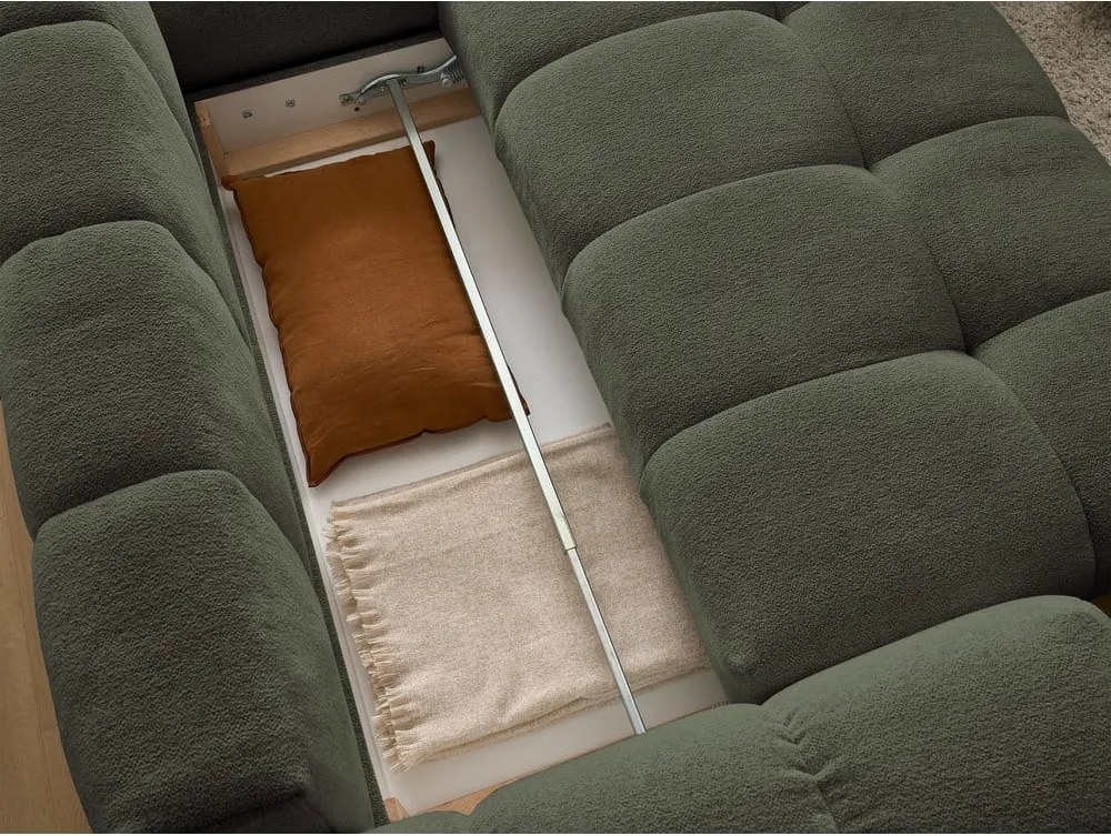 Divano angolare verde allungabile e con contenitore (penisola a destra/a L) con rivestimento in ciniglia Everest – Bobochic Paris