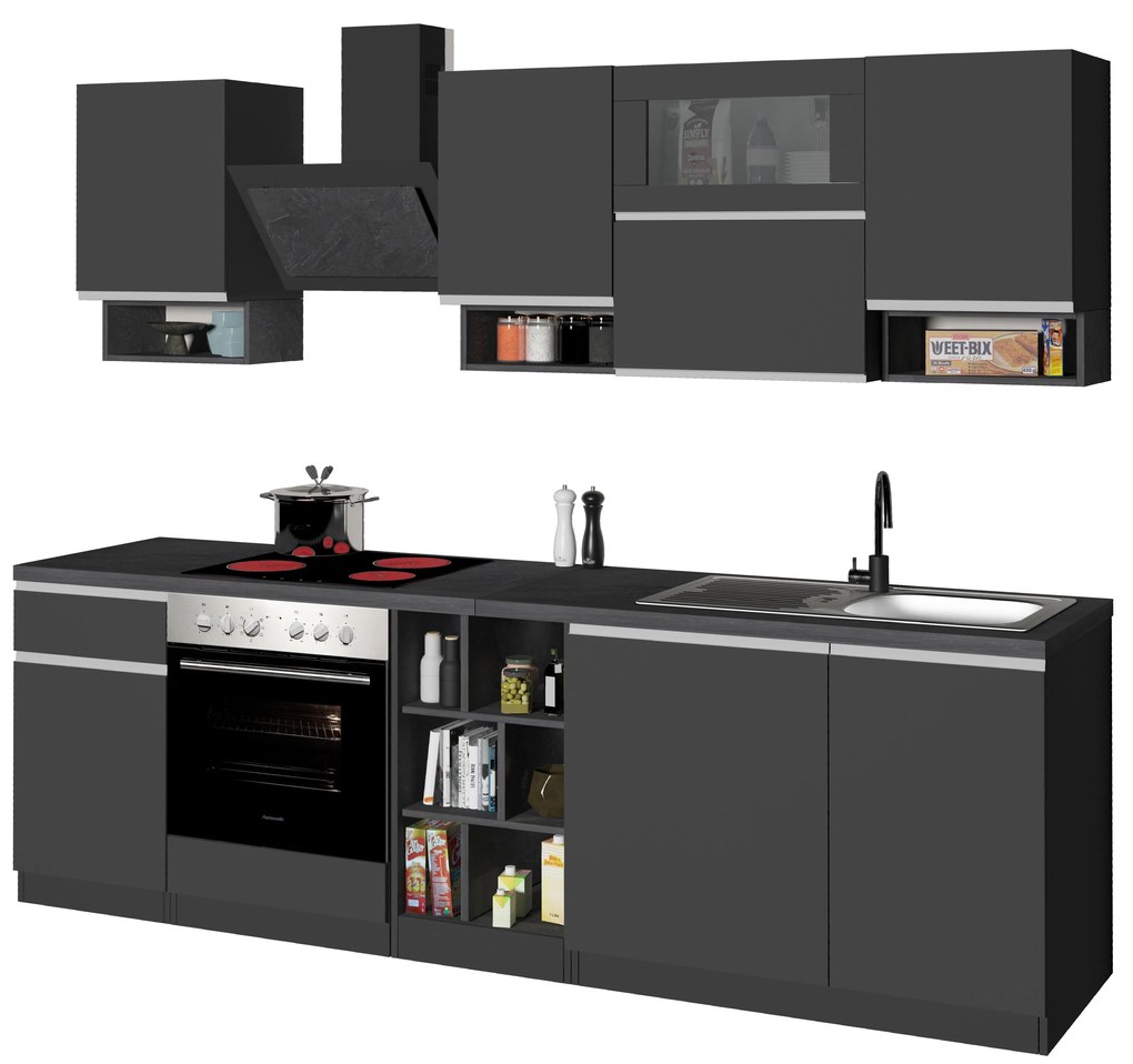 Cucina Lineare SOLE 256 cm - Antracite/Report e Legno Chiaro, Made in Italy