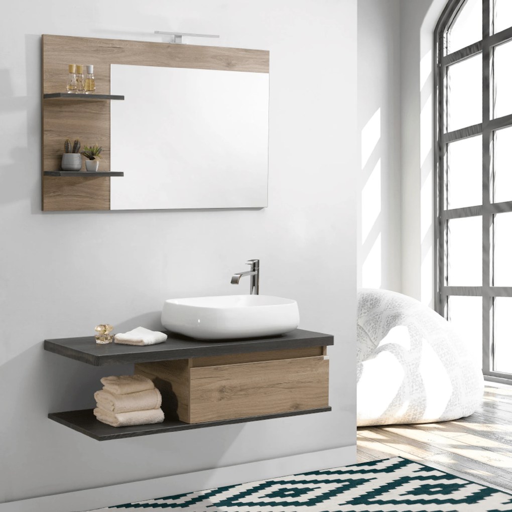 Mobile Bagno Sospeso 110 Cm Un Cassetto Specchio Con Mensole e Illuminazione Led Esseci Arredo Bagno "Amalfi"