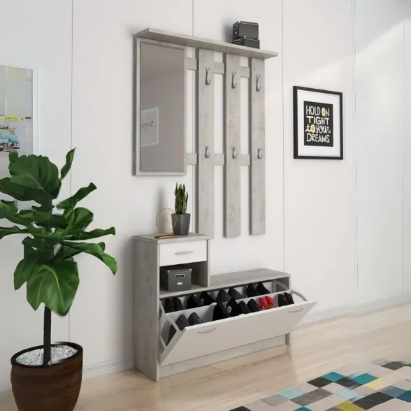 Mobile Ingresso 100 Cm Con Scarpiera Appendiabiti E Specchio Rudolf Beton E Bianco