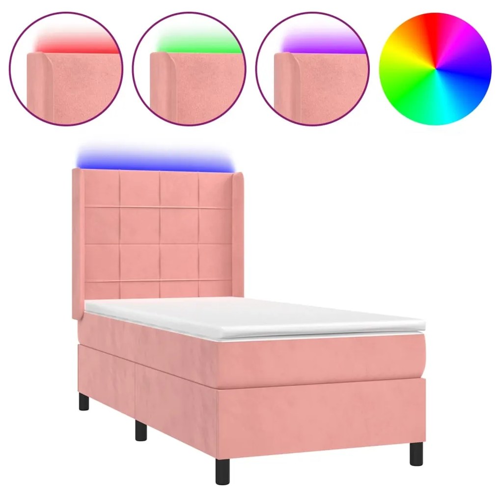 Letto a Molle con Materasso e LED Rosa 100x200 cm in Velluto