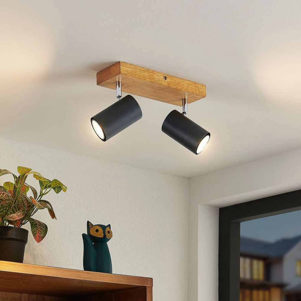 Lindby Maniva, faretto da soffitto, 26 cm, a 2 luci, nero, GU10 Maniva Lindby, dimmerabile, Legno chiaro, Soggiorno / Sala da pranzo, Legno, Moderno, Faretto