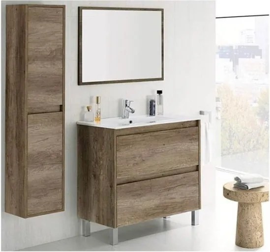 Mobile bagno 80 cm con colonna, lavabo e specchio rovere - Dakota 94611
