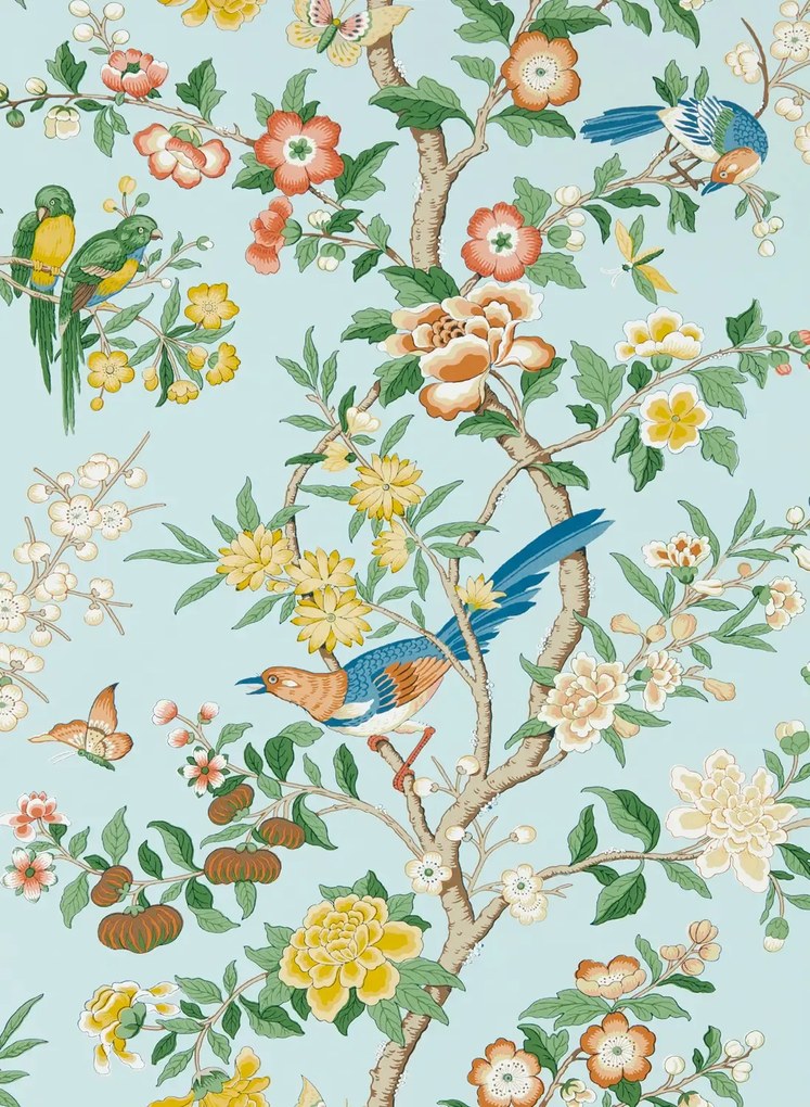 Sanderson Tapete Chinoiserie Hall - Dawn Blue/ Persimmon