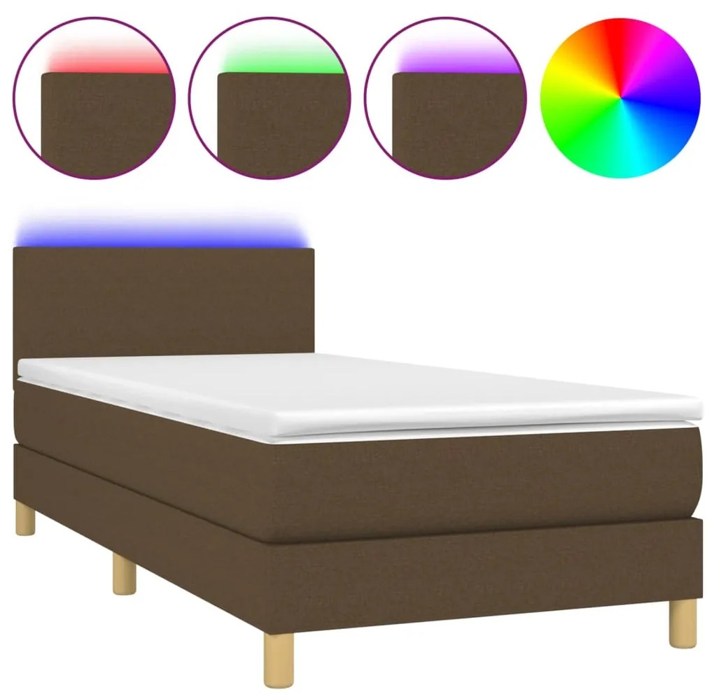 Letto a molle materasso e led marrone scuro 100x200 cm tessuto