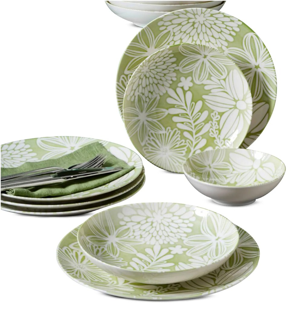 Servizio 18 piatti con disegni fiori verde pistacchio