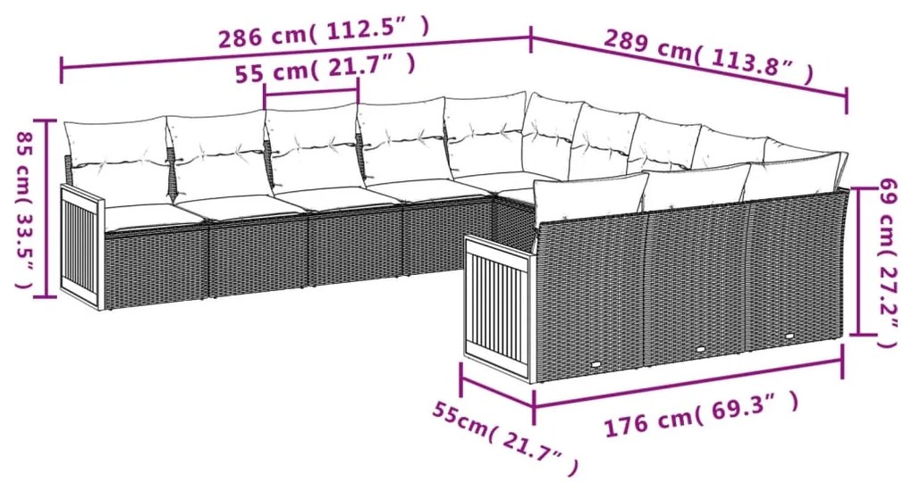 Set divani da giardino 11 pz con cuscini in polyrattan grigio