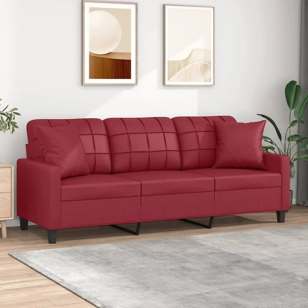 Divano A 3 Posti Con Cuscini Rosso Vino 180 Cm İn Similpelle /