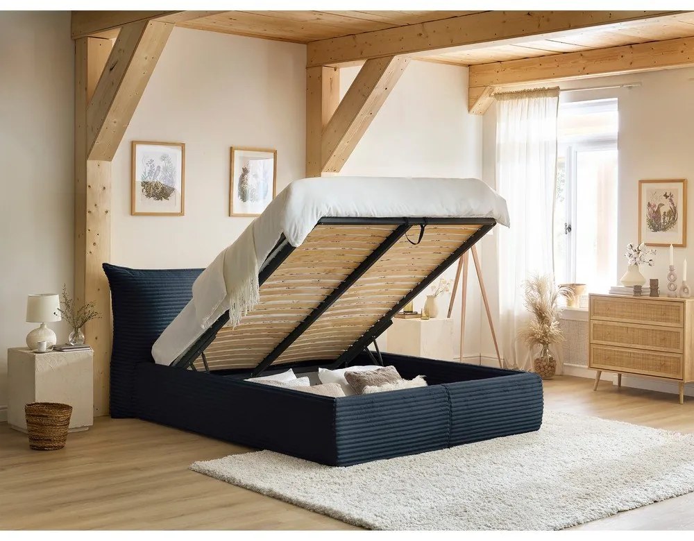 Letto matrimoniale in blu scuro imbottito con spazio contenitivo con griglia inclusa 180x200 cm Jade – Bobochic Paris