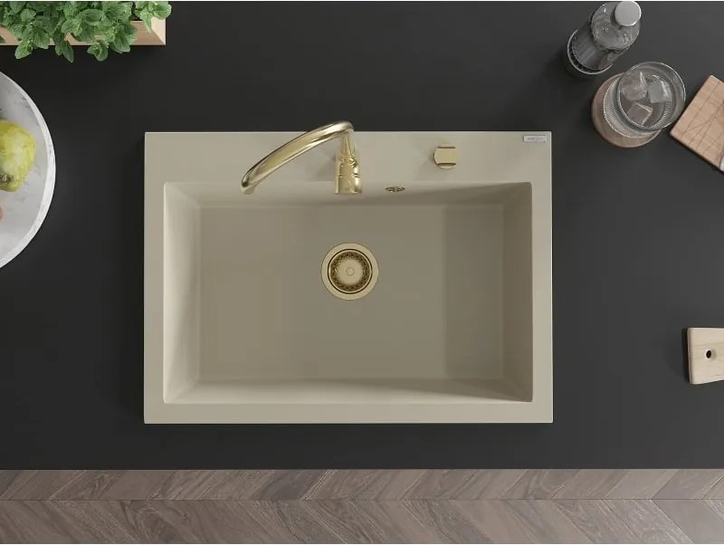 Mexen Elix lavello da cucina in granito 1-vasca 700 x 500 mm, beige, sifone dorato - 6526701005-69-G