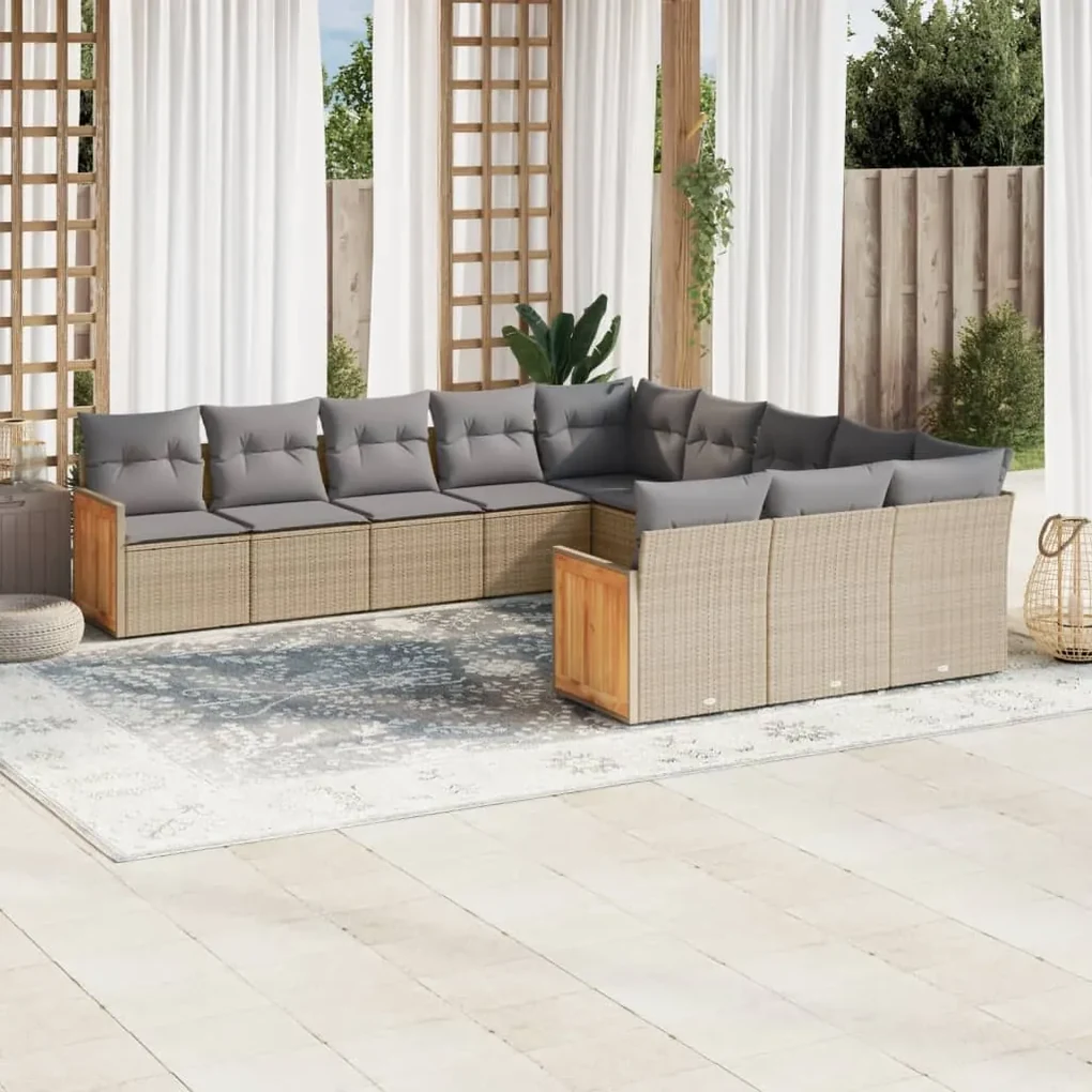 Set divani da giardino 11 pz con cuscini beige in polyrattan