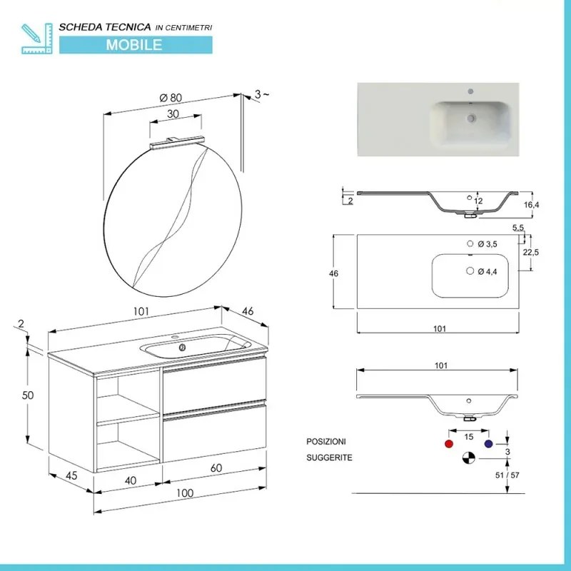 Mobile bagno sospeso 100 cm Master rovere con lavandino e specchio