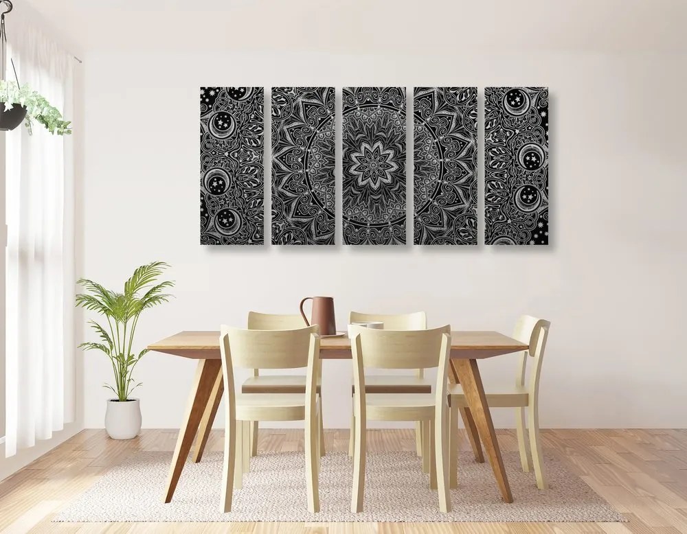 Quadri 5 pezzi – Mandala orientale in bianco e nero