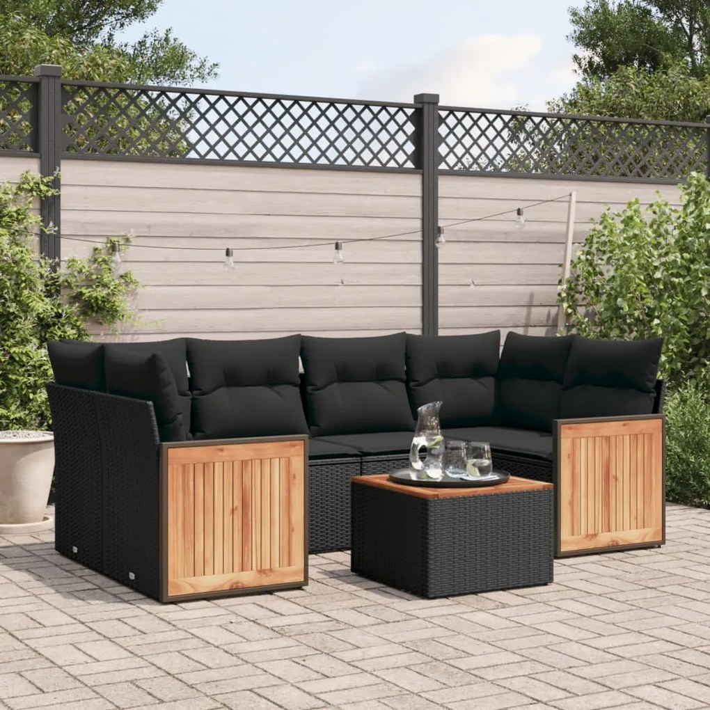 Set divani da giardino con cuscini 7pz nero polyrattan