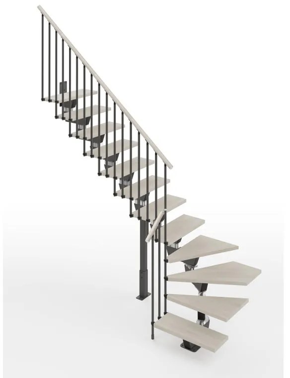 Scala a rampa ¼ di giro Vida IRIS, larghezza 75 cm, struttura in metallo grigio antracite, gradini in legno bianco