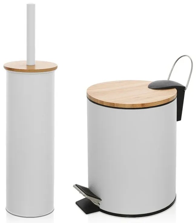Kit accessori bagno scopino e pattumiera bianco in acciaio e bambù Haiti