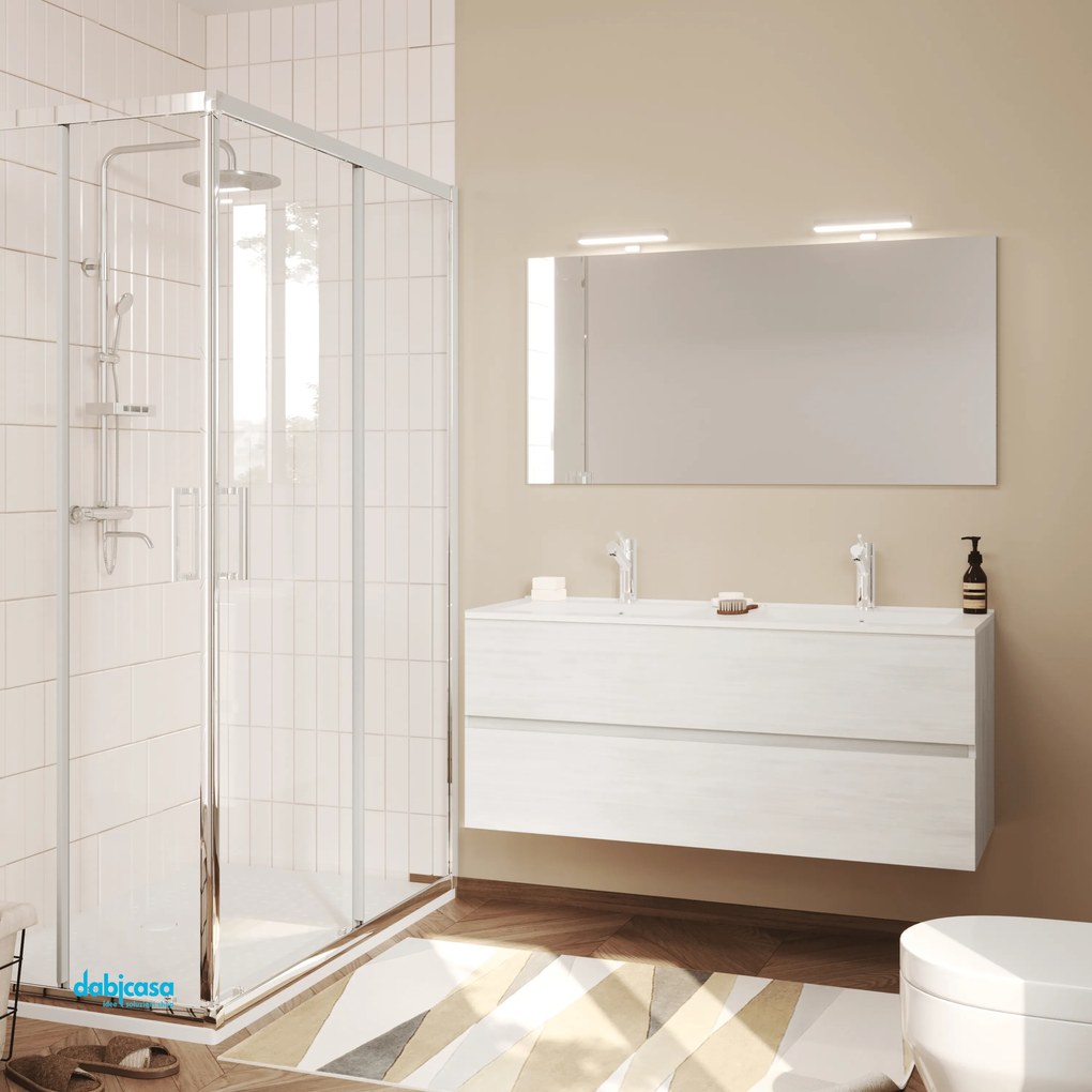 Mobile Bagno Sospeso "Easy" Da 120 Cm Composto Da Un Cassetto Lavabo C/Doppia Vasca E Specchio Con Due Lampade Led Finitura Rovere Bianco