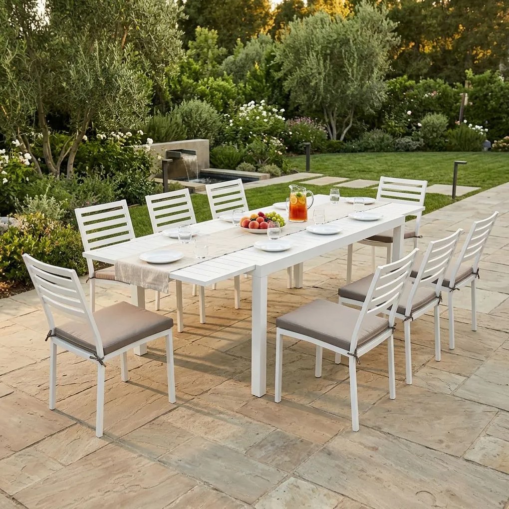 DEXTER - set tavolo in alluminio cm 200/300 x 100 x 74 h con 8 sedie Dexter