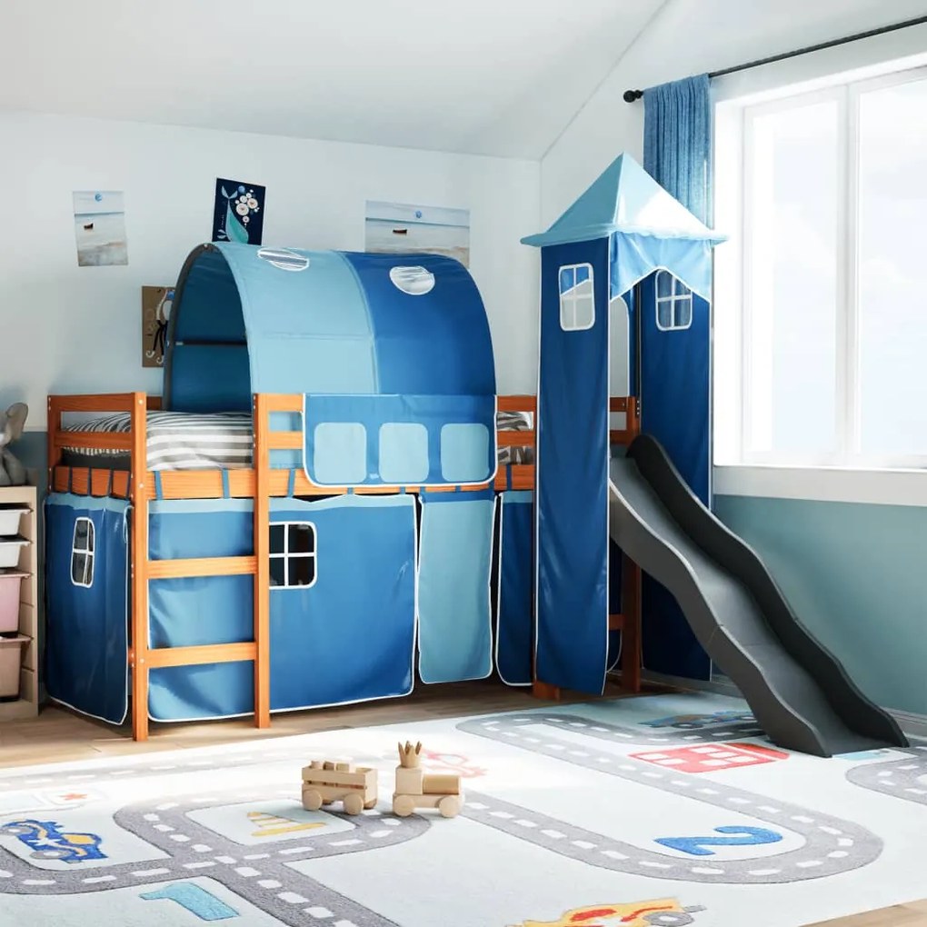 Letto a soppalco con torre bambini blu 90x190cm massello pino