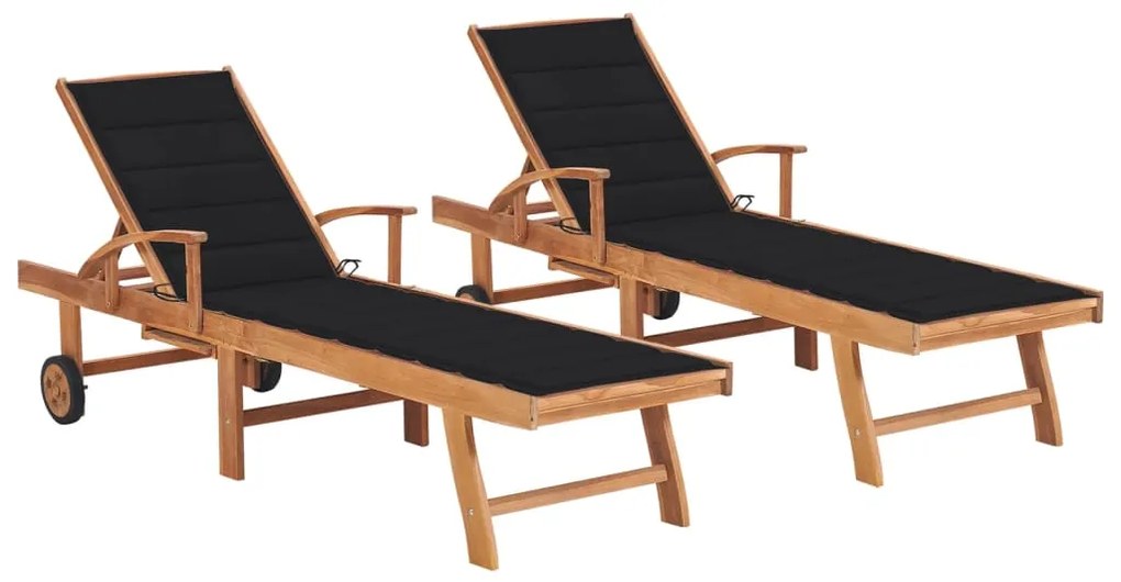 Lettini prendisole 2 pz con cuscino nero in legno di teak