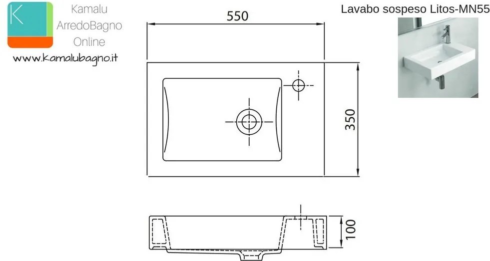 Lavabo sospeso 55 cm rubinetto destra Litos-MN55 - KAMALU