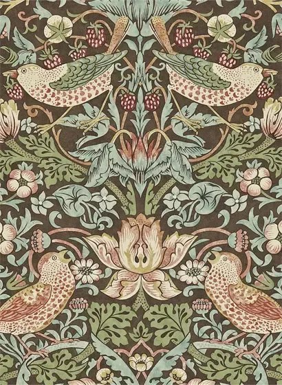 Morris & Co Carta da parati Strawberry Thief - Chocolate/ Slate