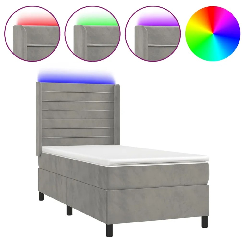 Letto a Molle Materasso e LED Grigio Chiaro 80x200 cm Velluto